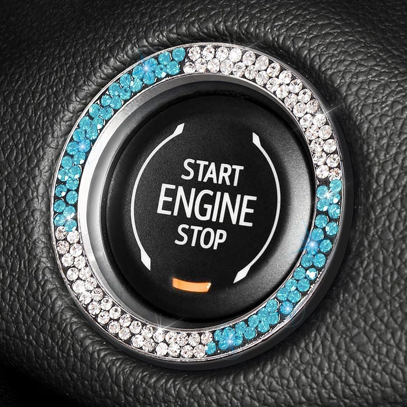ToBeQueen Teal Bling Push Start Button Cover Emblem Sticker, Crystal Diamond Rhinestone Blue Engine Start Ring Car Decor, White and Teal Bling Car Accessories for Women,Lake Blue - Image 1
